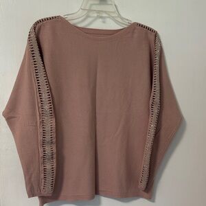 Womens Dusty Rose Scoop Neck Sweater with Open-Stitch Sleeve Detail